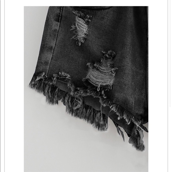 Black Bleach Destroyed Mid Waist Shorts - Picture 4 of 4